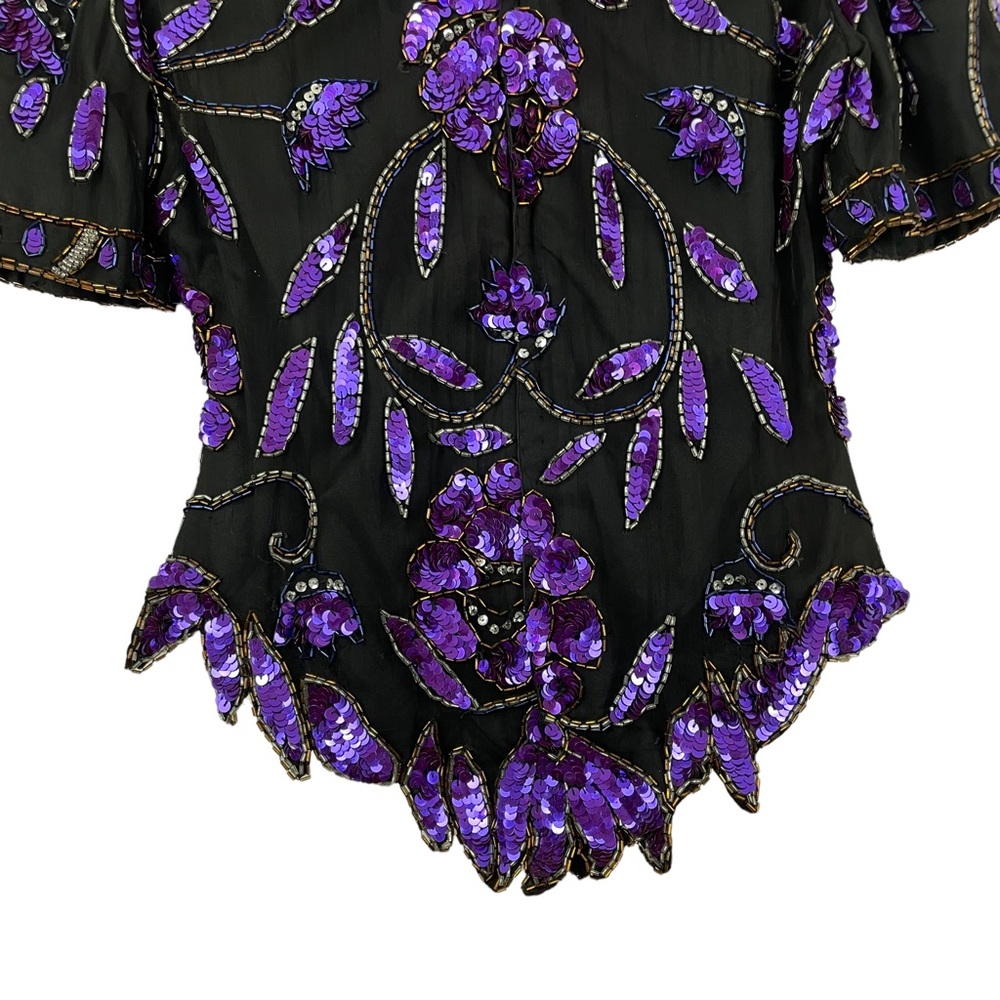 VINTAGE by Laurence Kazar NY Purple Sequined & Beaded Shirt Mega Shoulder Pads - Picture 5 of 10